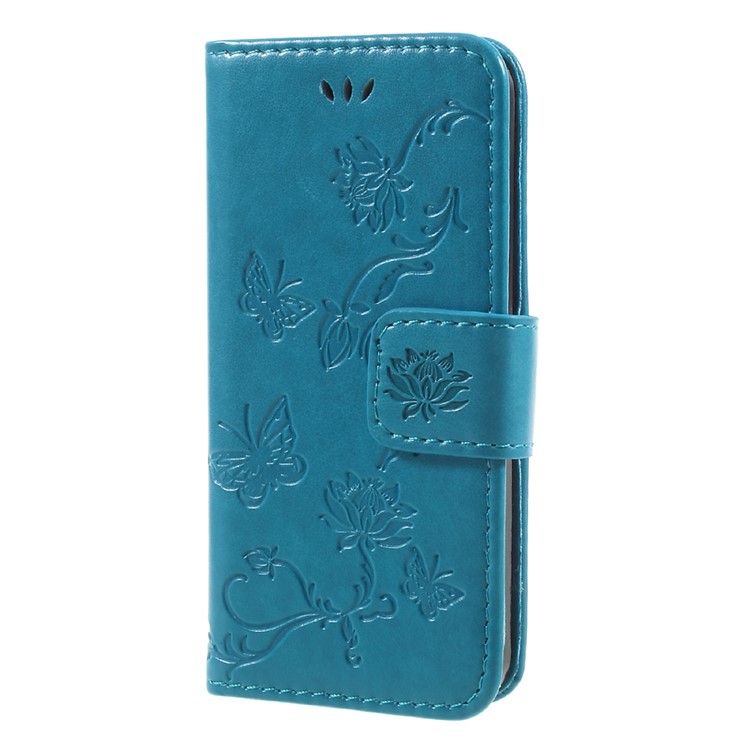 Impressum Schmetterling und Blume PU-Leder-Shell-Kasten mit Standplatz für iphone 5 / 5s / SE - Blau-3