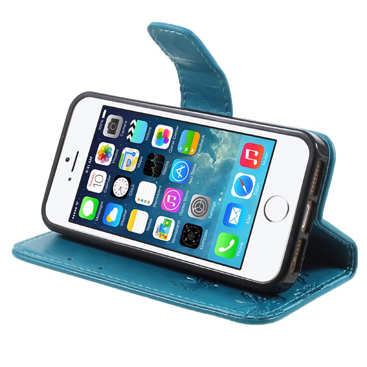 Impressum Schmetterling und Blume PU-Leder-Shell-Kasten mit Standplatz für iphone 5 / 5s / SE - Blau-4