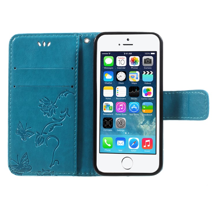 Impressum Schmetterling und Blume PU-Leder-Shell-Kasten mit Standplatz für iphone 5 / 5s / SE - Blau-6
