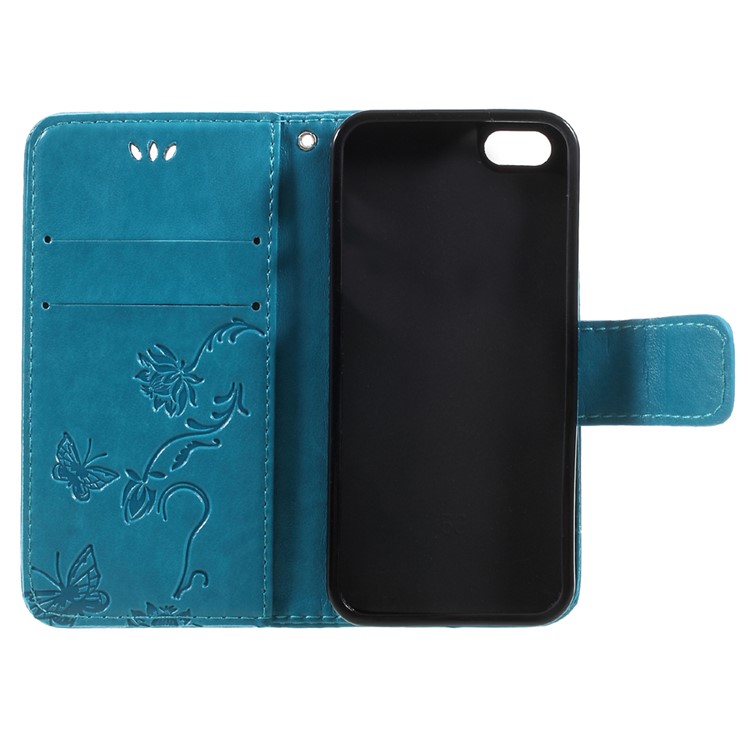 Impressum Schmetterling und Blume PU-Leder-Shell-Kasten mit Standplatz für iphone 5 / 5s / SE - Blau-7