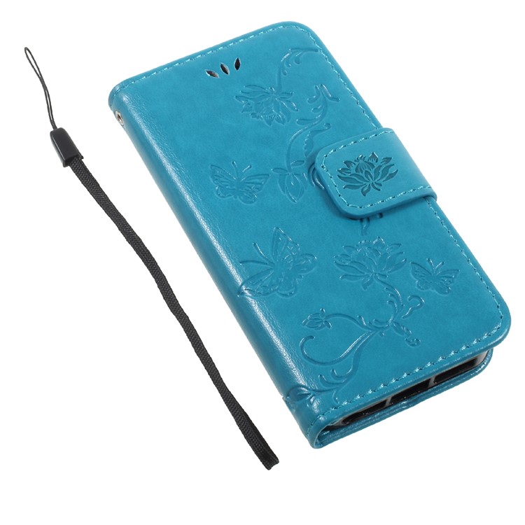 Impressum Schmetterling und Blume PU-Leder-Shell-Kasten mit Standplatz für iphone 5 / 5s / SE - Blau-8