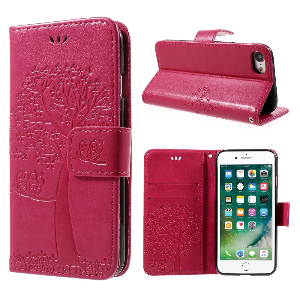 Imprint Tree Owl Magnetic Wallet PU Leather Stand Cover for iPhone 7 4.7 inch - Rose-1