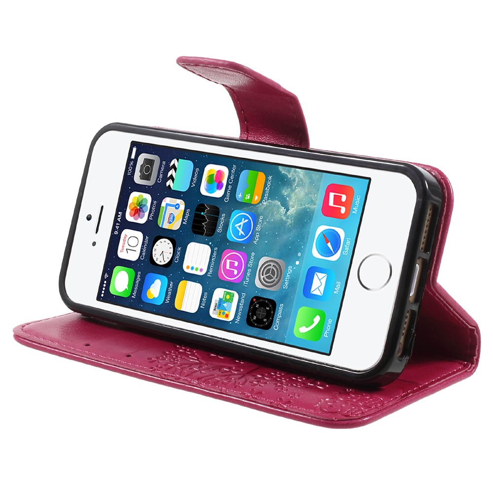 Imprint Tree Owl Magnetic Wallet PU Leather Stand Cover for iPhone 5 / 5s / SE - Rose-4