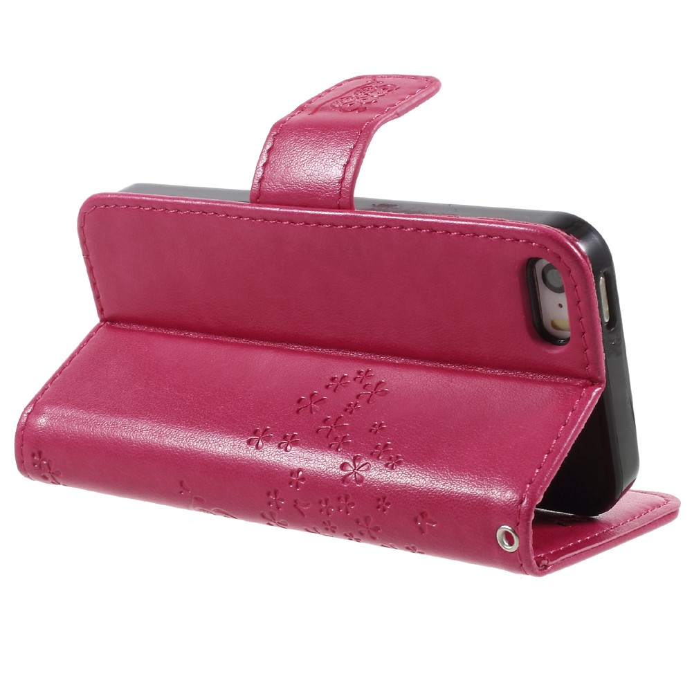 Imprint Tree Owl Magnetic Wallet PU Leather Stand Cover for iPhone 5 / 5s / SE - Rose-5
