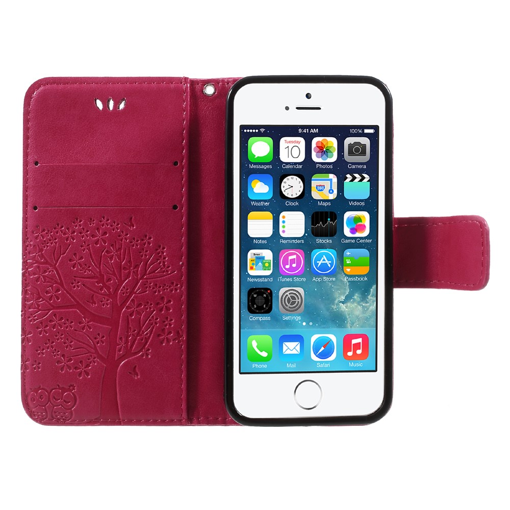 Imprint Tree Owl Magnetic Wallet PU Leather Stand Cover for iPhone 5 / 5s / SE - Rose-6