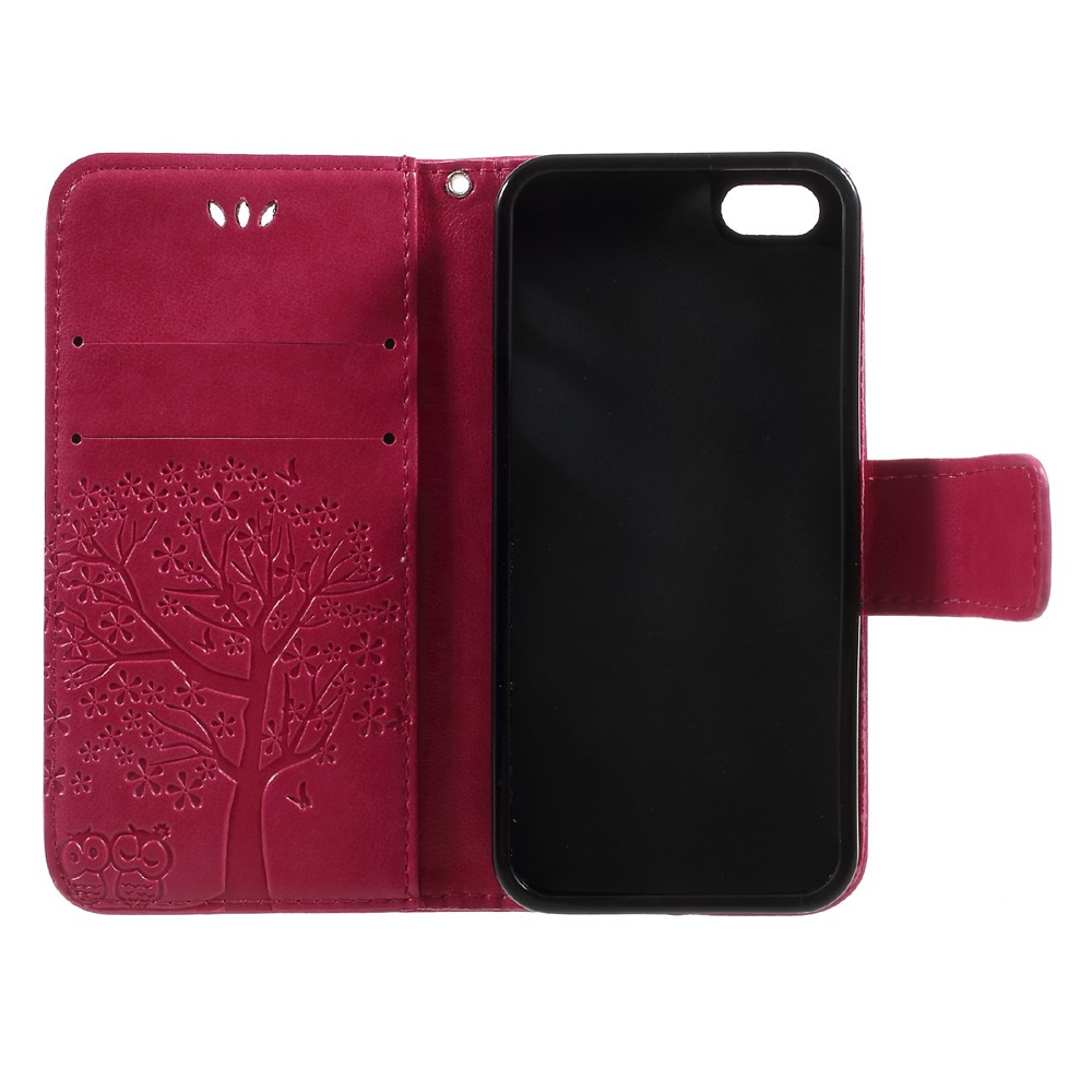 Imprint Tree Owl Magnetic Wallet PU Leather Stand Cover for iPhone 5 / 5s / SE - Rose-7