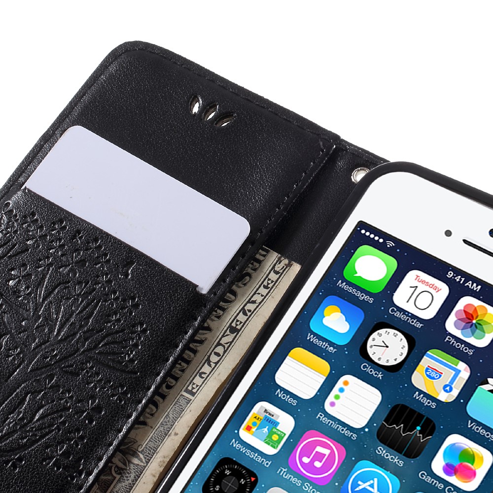 Imprint Tree Owl Magnetic Wallet PU Leather Stand Case for iPhone 5 / 5s / SE - Black-10