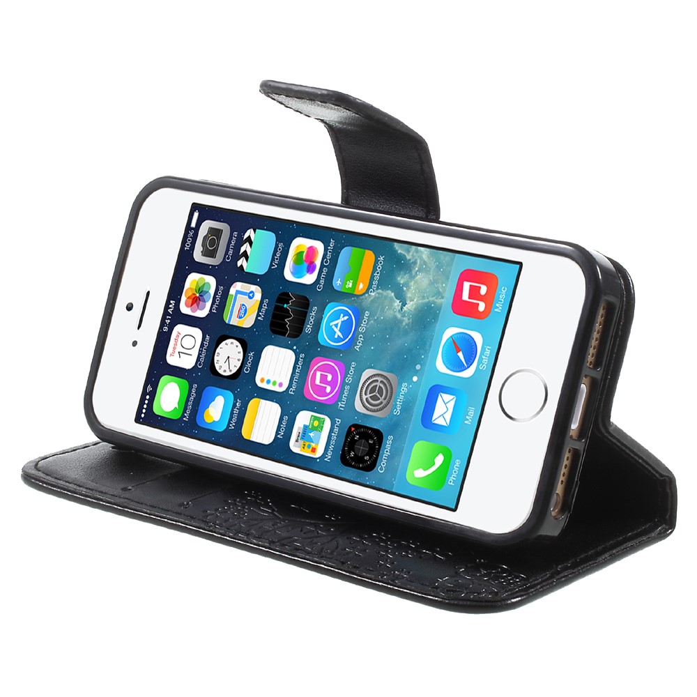Imprint Tree Owl Magnetic Wallet PU Leather Stand Case for iPhone 5 / 5s / SE - Black-4