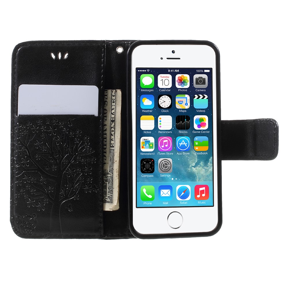 Imprint Tree Owl Magnetic Wallet PU Leather Stand Case for iPhone 5 / 5s / SE - Black-6