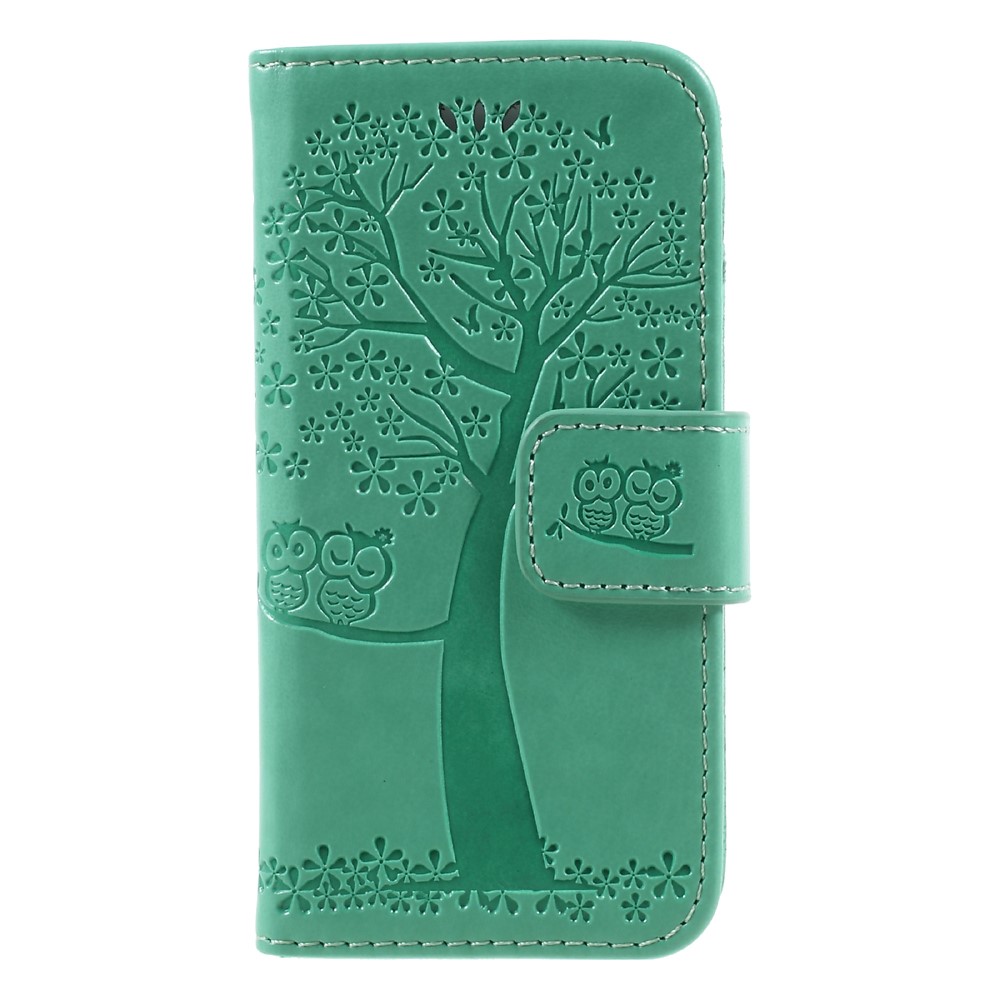 Imprint Tree Owl Magnetic Wallet PU Leather Stand Cell Phone Cover for iPhone 5 / 5s / SE - Cyan-1