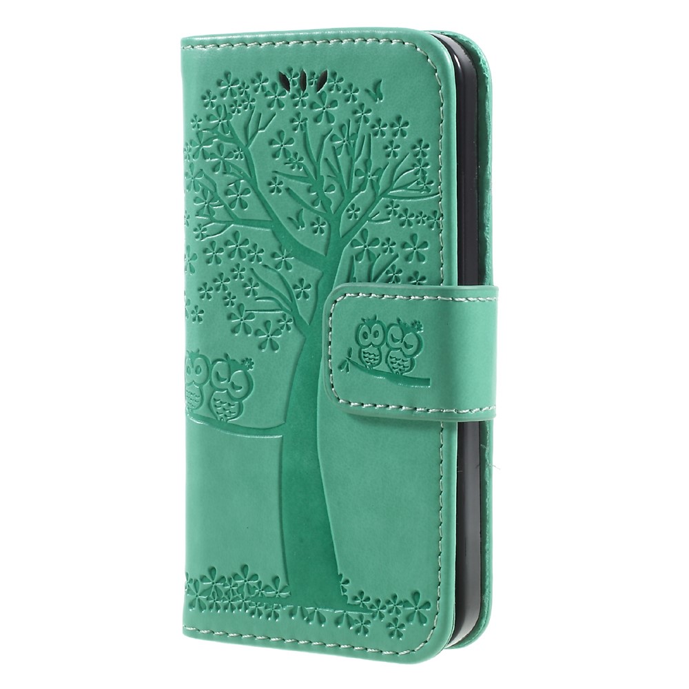 Imprint Tree Owl Magnetic Wallet PU Leather Stand Cell Phone Cover for iPhone 5 / 5s / SE - Cyan-3