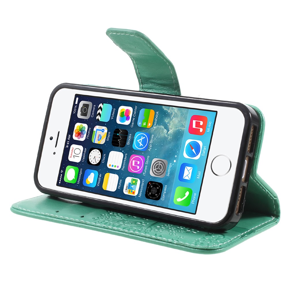 Imprint Tree Owl Magnetic Wallet PU Leather Stand Cell Phone Cover for iPhone 5 / 5s / SE - Cyan-4