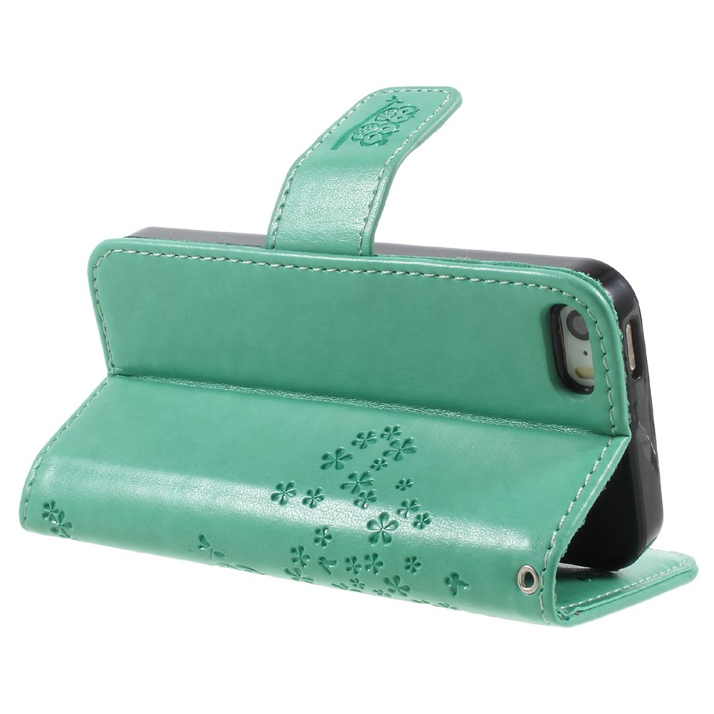 Imprint Tree Owl Magnetic Wallet PU Leather Stand Cell Phone Cover for iPhone 5 / 5s / SE - Cyan-5