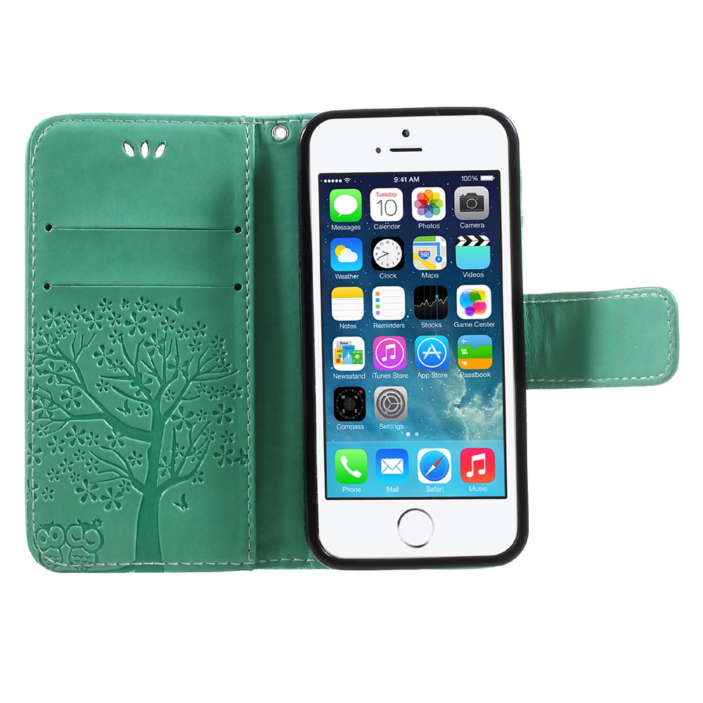 Imprint Tree Owl Magnetic Wallet PU Leather Stand Cell Phone Cover for iPhone 5 / 5s / SE - Cyan-6