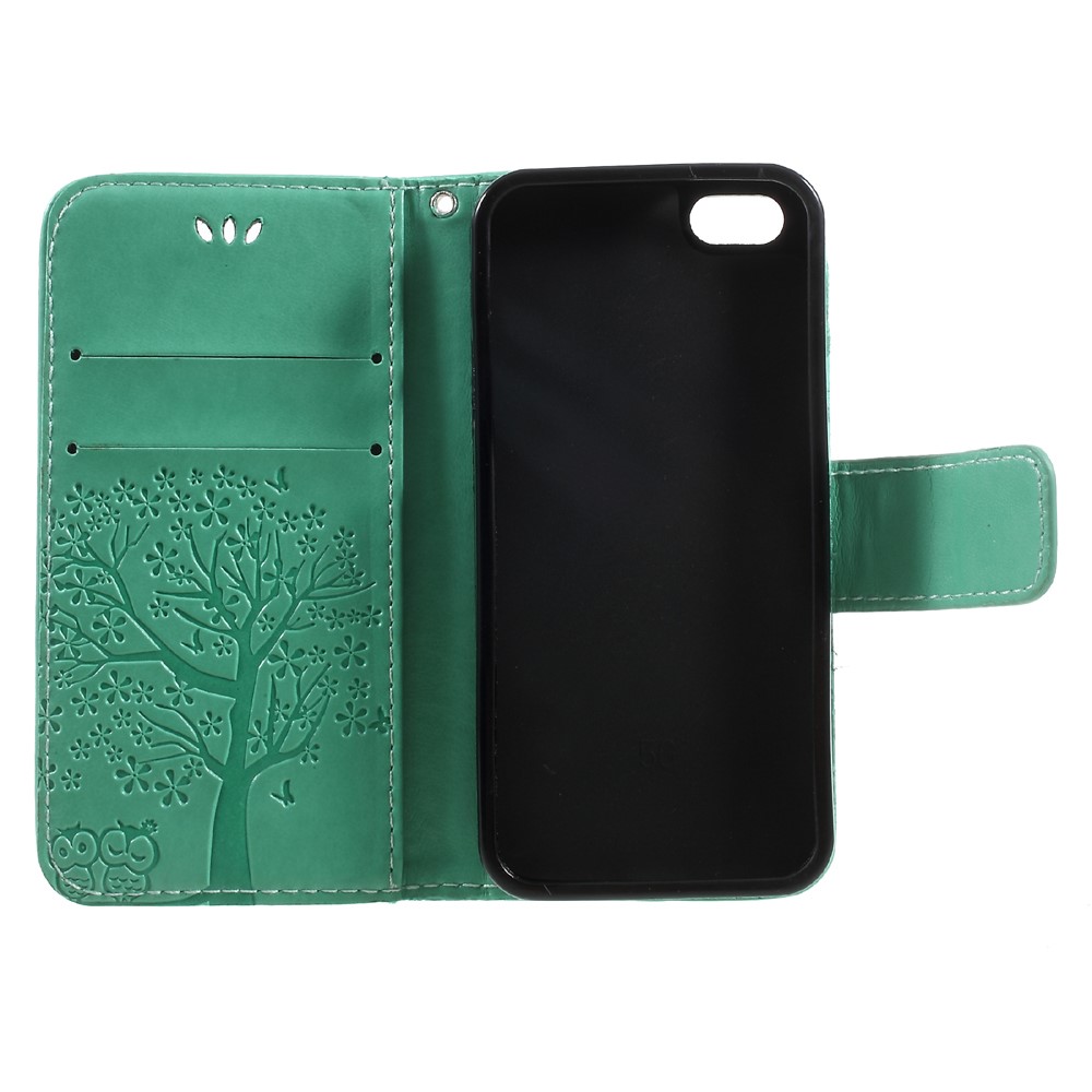 Imprint Tree Owl Magnetic Wallet PU Leather Stand Cell Phone Cover for iPhone 5 / 5s / SE - Cyan-7