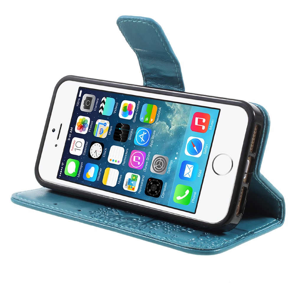 Imprint Tree Owl Magnetic Wallet PU Leather Cover with Stand for iPhone 5 / 5s / SE - Blue-4
