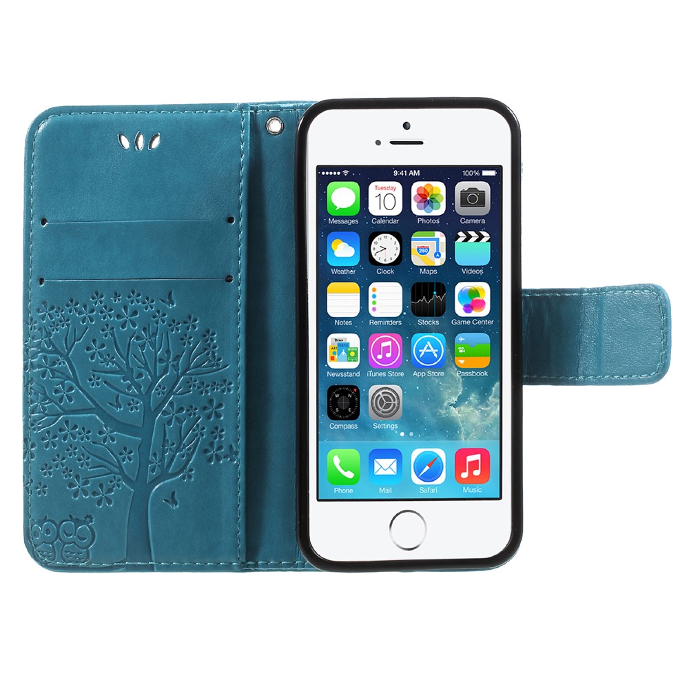 Imprint Tree Owl Magnetic Wallet PU Leather Cover with Stand for iPhone 5 / 5s / SE - Blue-6