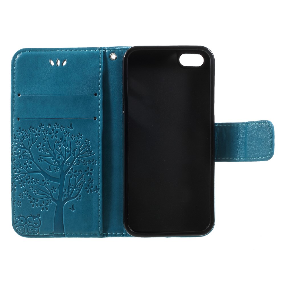 Imprint Tree Owl Magnetic Wallet PU Leather Cover with Stand for iPhone 5 / 5s / SE - Blue-7