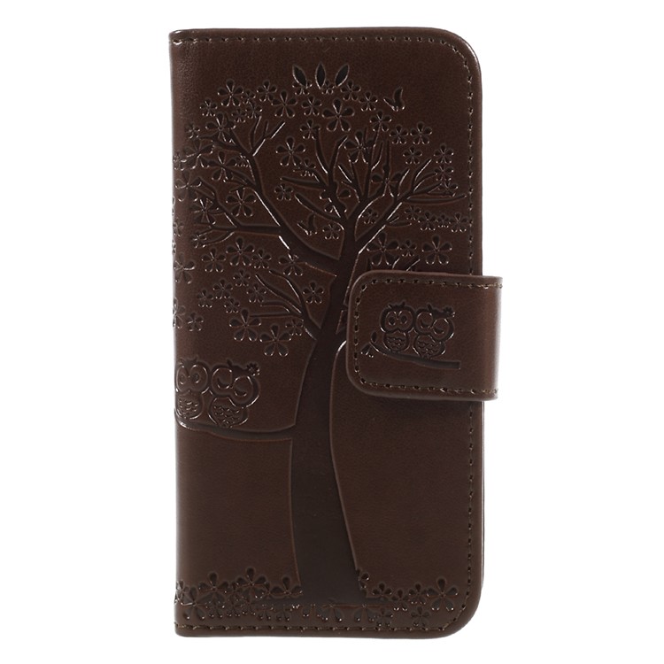 Imprint Tree Owl Magnetic Wallet PU Leather Shell with Stand for iPhone 5 / 5s / SE - Brown-1