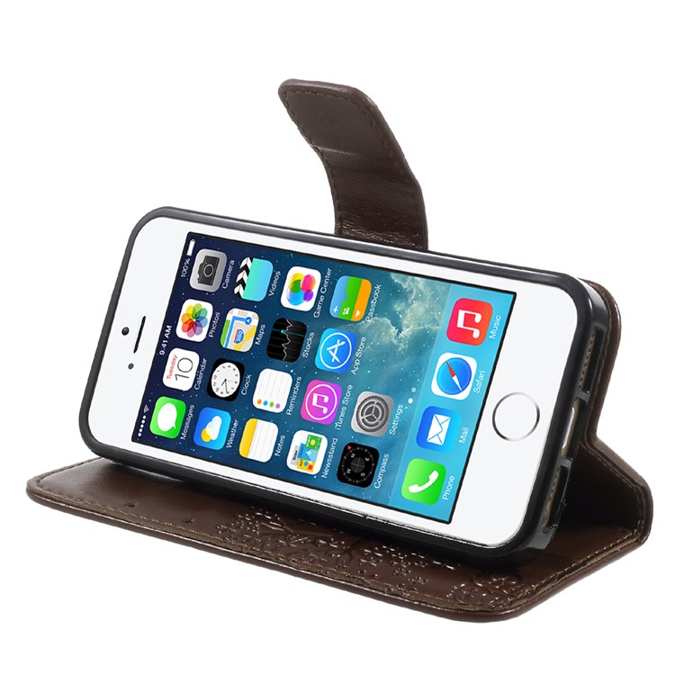 Imprint Tree Owl Magnetic Wallet PU Leather Shell with Stand for iPhone 5 / 5s / SE - Brown-4