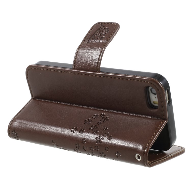 Imprint Tree Owl Magnetic Wallet PU Leather Shell with Stand for iPhone 5 / 5s / SE - Brown-5