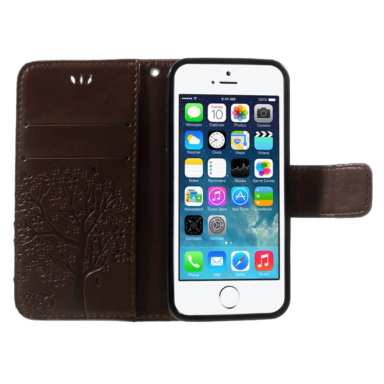 Imprint Tree Owl Magnetic Wallet PU Leather Shell with Stand for iPhone 5 / 5s / SE - Brown-6