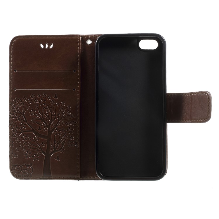 Imprint Tree Owl Magnetic Wallet PU Leather Shell with Stand for iPhone 5 / 5s / SE - Brown-7
