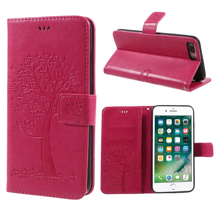 Imprint Tree Owl Magnetic Wallet PU Leather Stand Cover for iPhone 7 Plus - Rose-1