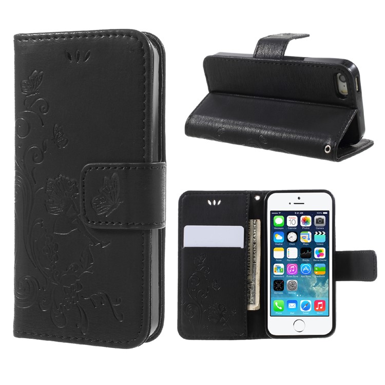 Imprint Elf Butterfly Flowers Magnetic Wallet Leather Stand Case for iPhone 5 / 5s / SE - Black-1