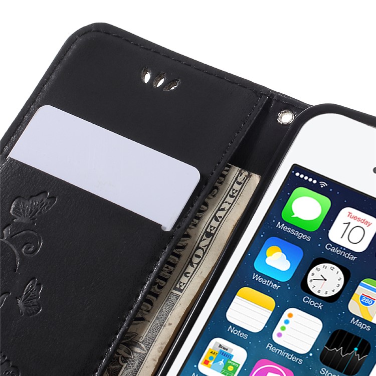 Imprint Elf Butterfly Flowers Magnetic Wallet Leather Stand Case for iPhone 5 / 5s / SE - Black-10