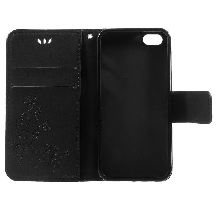 Imprint Elf Butterfly Flowers Magnetic Wallet Leather Stand Case for iPhone 5 / 5s / SE - Black-11