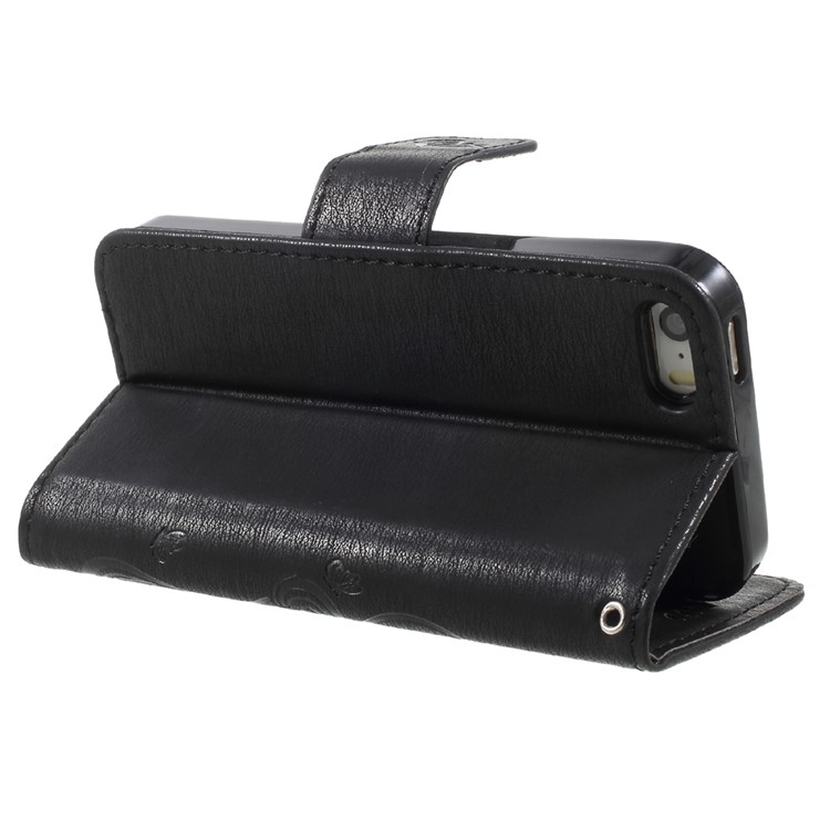 Imprint Elf Butterfly Flowers Magnetic Wallet Leather Stand Case for iPhone 5 / 5s / SE - Black-5