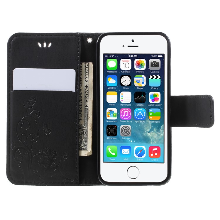 Imprint Elf Butterfly Flowers Magnetic Wallet Leather Stand Case for iPhone 5 / 5s / SE - Black-6
