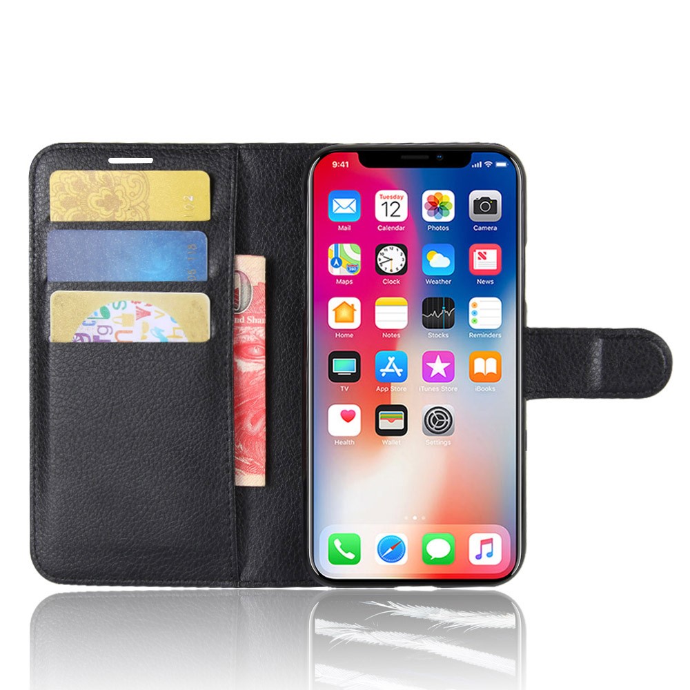 Litchi Skin PU Leather Wallet Stand Protective Phone Case for iPhone Xs/X 5.8 inch - Black-4
