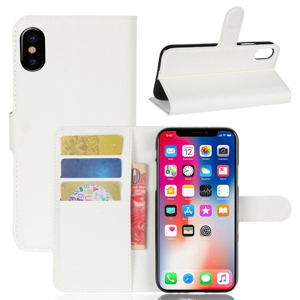Lichia Pele PU Carteira De Couro Stand Embalagem Telefone Protetora Para Iphone Xs / X 5,8 Polegadas - Branco-1