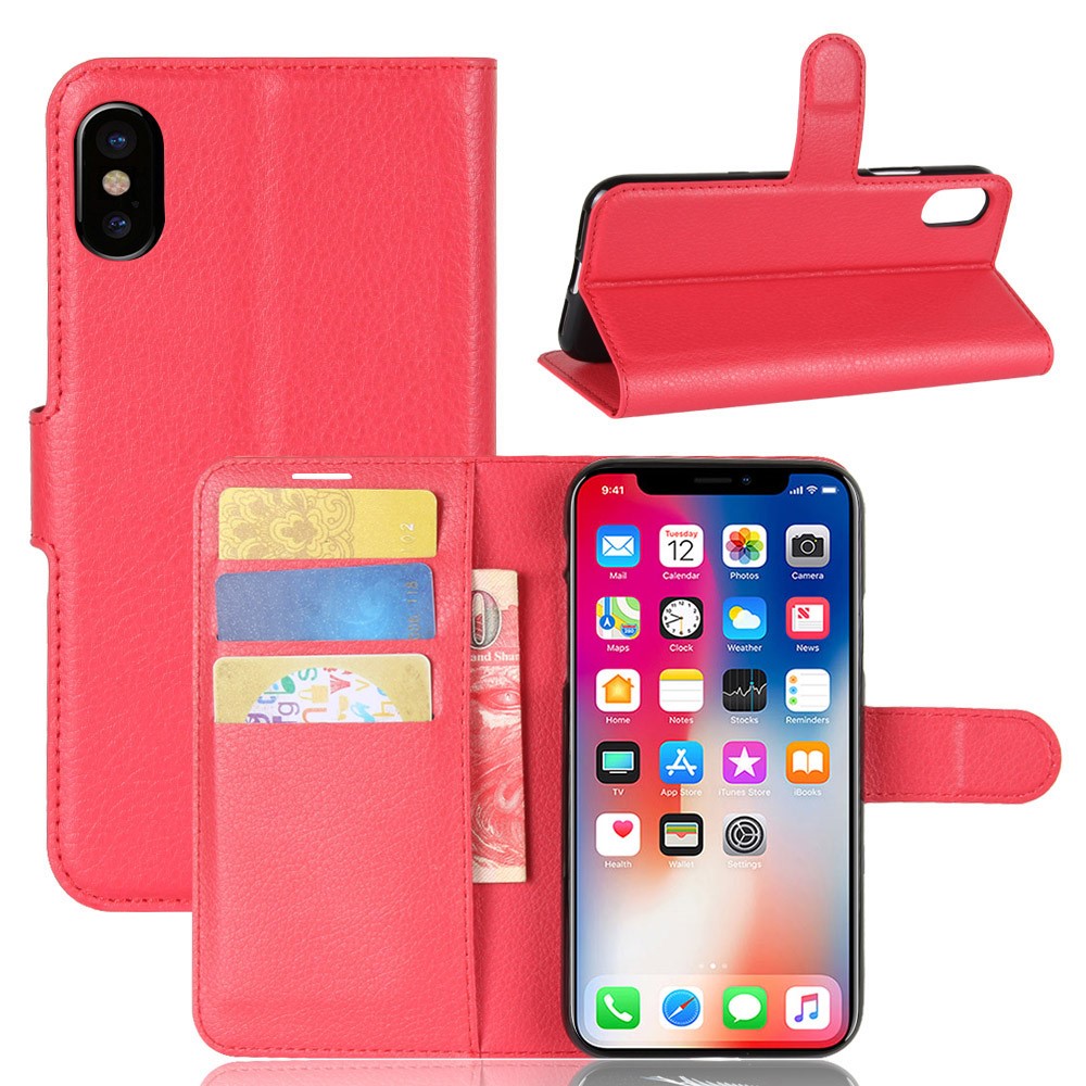 Litchi Skin PU Leather Wallet Stand Protective Phone Cover for iPhone Xs/X 5.8 inch - Red-1