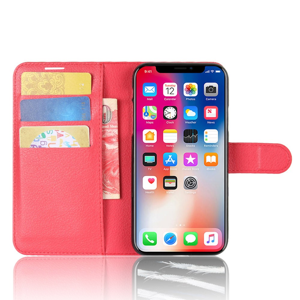Litchi Skin PU Leather Wallet Stand Protective Phone Cover for iPhone Xs/X 5.8 inch - Red-4