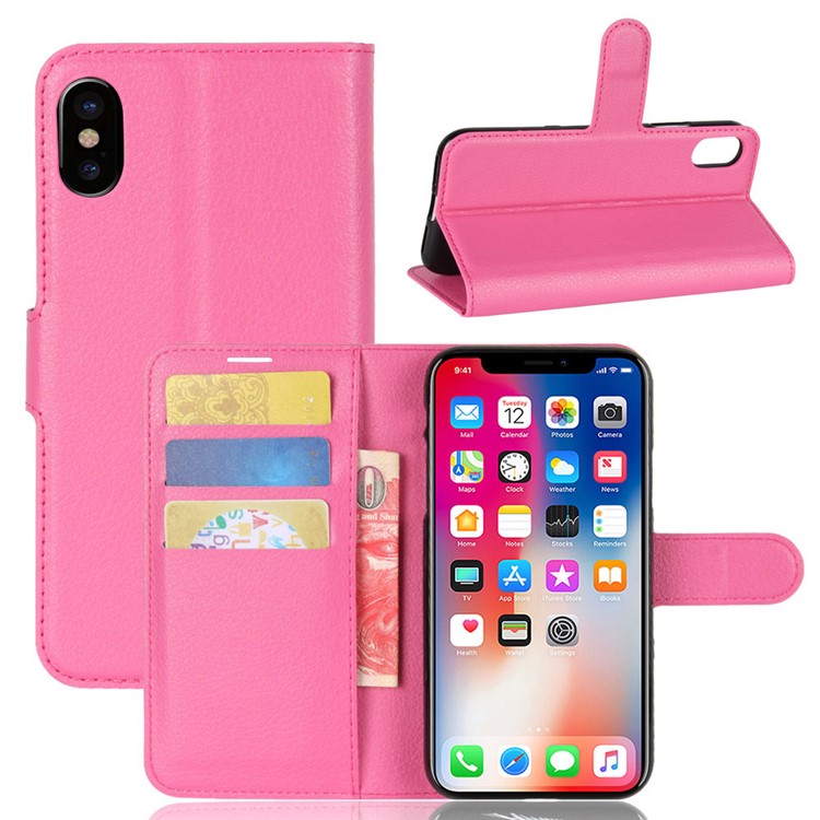Litchi Skin PU Leather Wallet Stand Protective Phone Casing Cover for iPhone Xs/X 5.8 inch - Rose-1