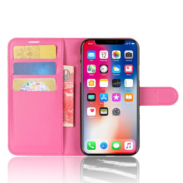 Litchi Skin PU Leather Wallet Stand Protective Phone Casing Cover for iPhone Xs/X 5.8 inch - Rose-4