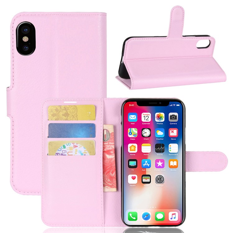 Litchi Skin PU Leather Wallet Stand Protective Phone Shell for iPhone Xs/X 5.8 inch - Pink-1