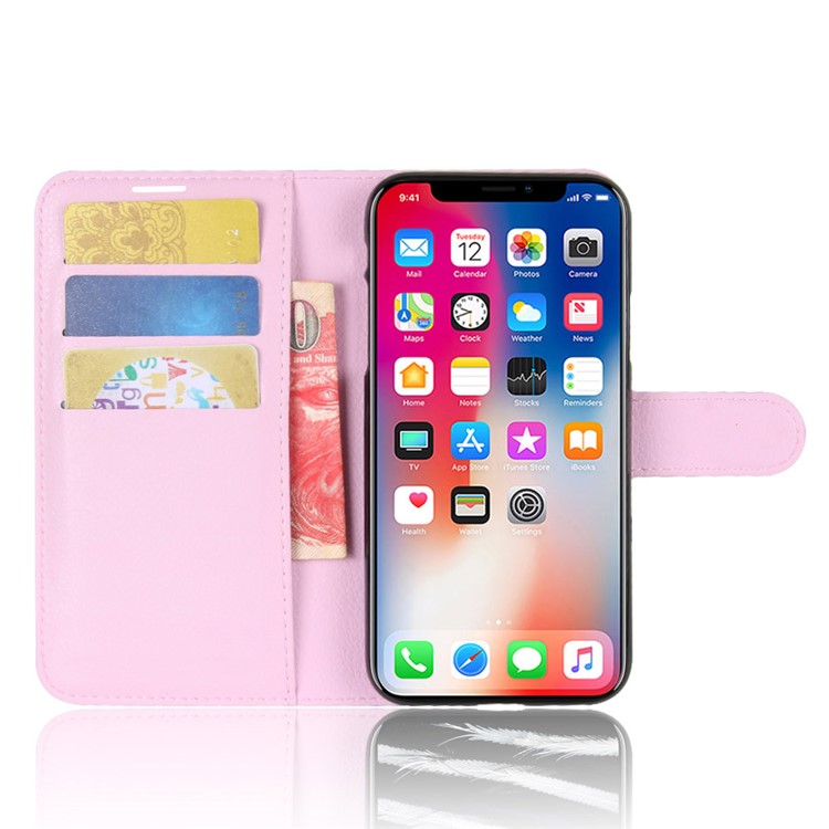 Litchi Skin PU Leather Wallet Stand Protective Phone Shell for iPhone Xs/X 5.8 inch - Pink-4