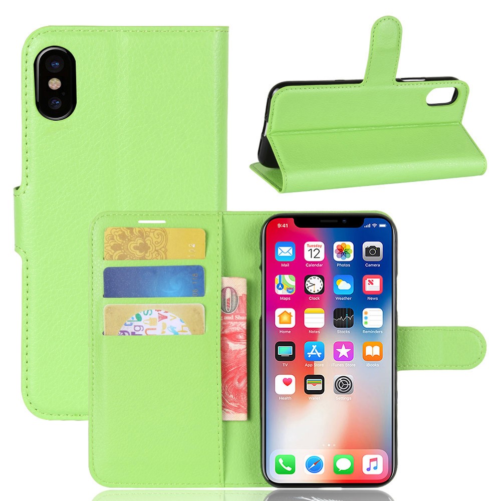 For iPhone Xs/X 5.8 inch Litchi Skin PU Leather Wallet Stand Protective Phone Case - Green-1