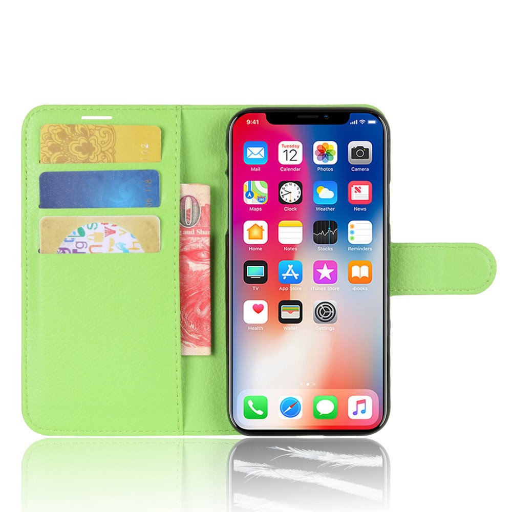 For iPhone Xs/X 5.8 inch Litchi Skin PU Leather Wallet Stand Protective Phone Case - Green-4
