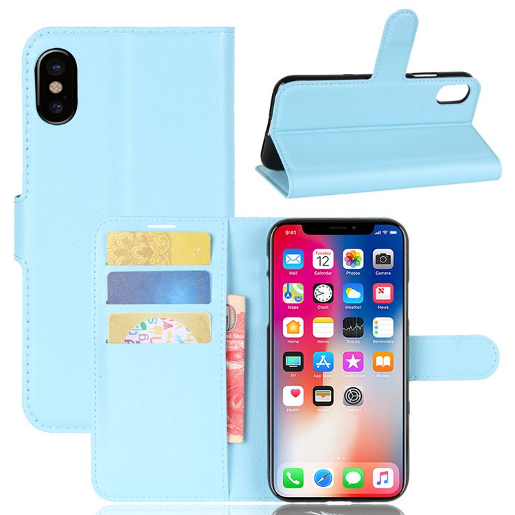 Per Iphone Xs / X 5,8 Pollici Litchi Pelle PU Portafoglio In Pelle Stare Protettivo Involucro Del Telefono - Blu-1