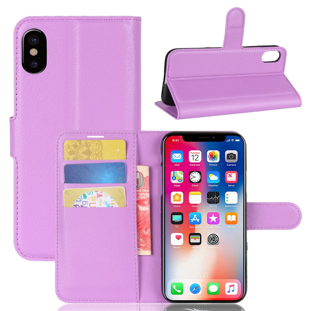 For iPhone Xs/X 5.8 inch Litchi Skin PU Leather Wallet Stand Protective Phone Cover - Purple-1