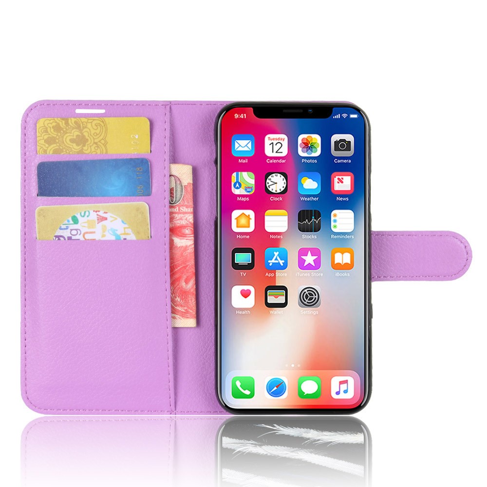 For iPhone Xs/X 5.8 inch Litchi Skin PU Leather Wallet Stand Protective Phone Cover - Purple-4