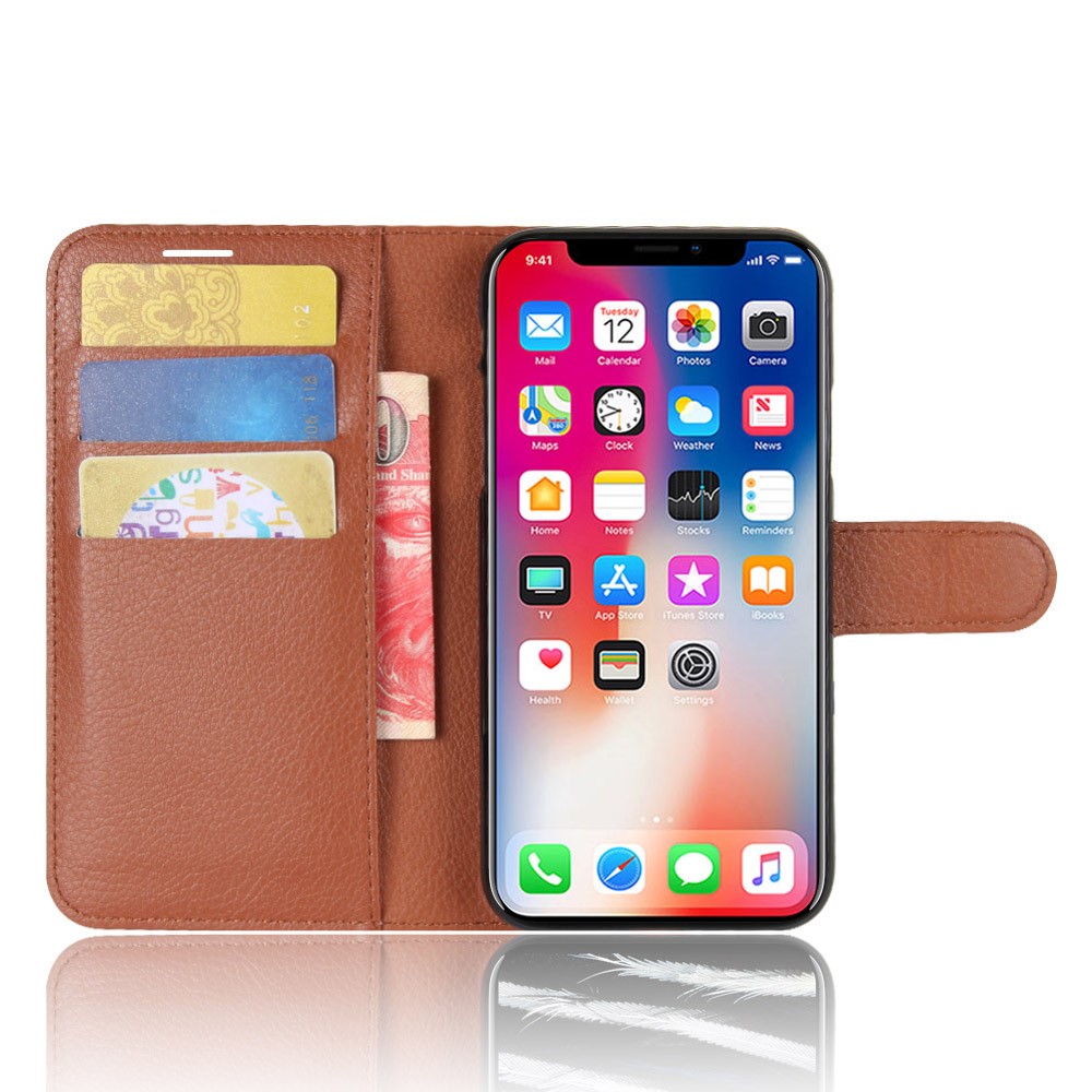 Pour Iphone Xs / X 5.8 Pouce Peau De Litchi PU Portefeuille En Cuir Stand De Protection Coque De Téléphone - Marron-4