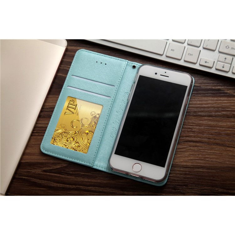CMAI2 Silk Texture Serie Leder Kartenhalter Telefon Abdeckung für iPhone 8 / 7 4.7 inch - Cyan-3