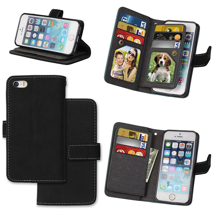 Matte Skin PU Leather Stand Wallet Phone Case with 9 Card Holders for iPhone SE 5s 5 - Black-1