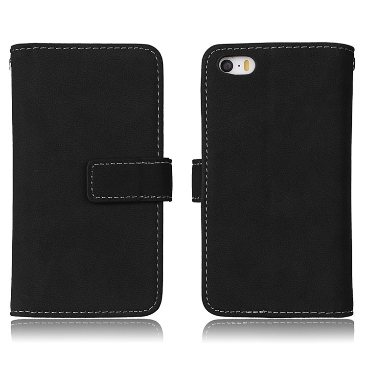 Matte Skin PU Leather Stand Wallet Phone Case with 9 Card Holders for iPhone SE 5s 5 - Black-2